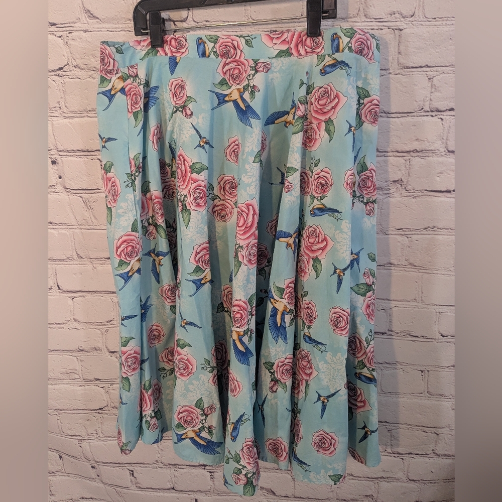 Hell Bunny Vixen Blue Floral Skirt With Birds - Picture 2 of 7